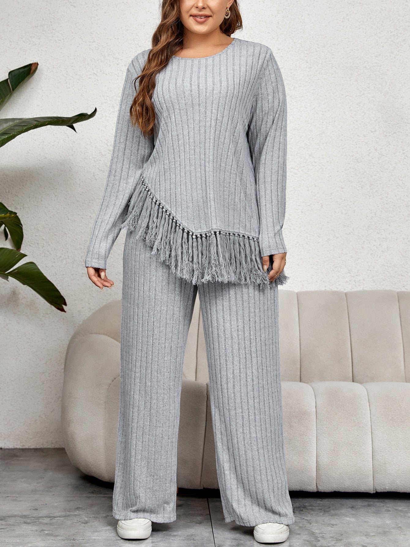 BamBam Irregular Fringed Long-Sleeved Top And Loose Wide-Leg Pants Suit - BamBam