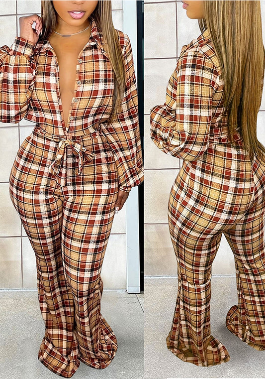 Plus Size Women's Autumn Fashion Long Sleeve Plaid Print Casual Jumpsuit