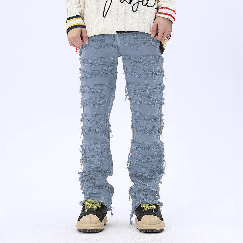 BamBam Men's Street Fashion Hot Patch Washed Ripped Trendy Straight Denim Pants - BamBam