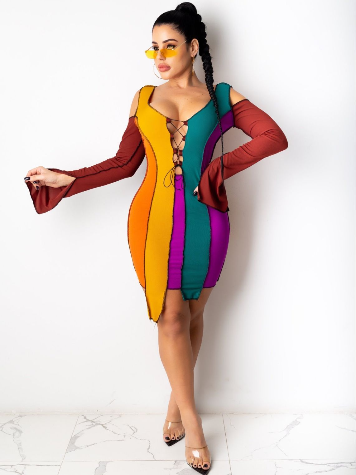 BamBam Women Color Blocked Off-Shoulder V-Neck Sexy Dress - BamBam Clothing