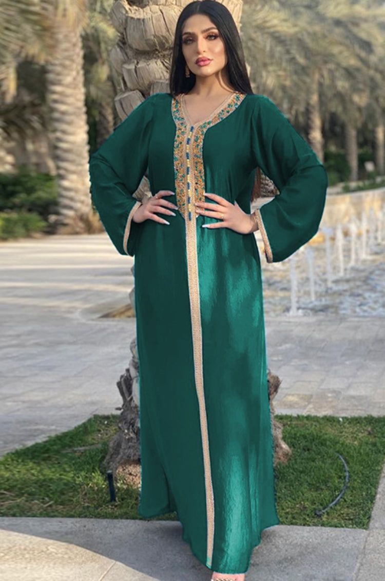 Arab Dubai Arab Middle East Turkey Morocco Islamic Clothing Kaftan Abaya Embroided Muslim Dress Green