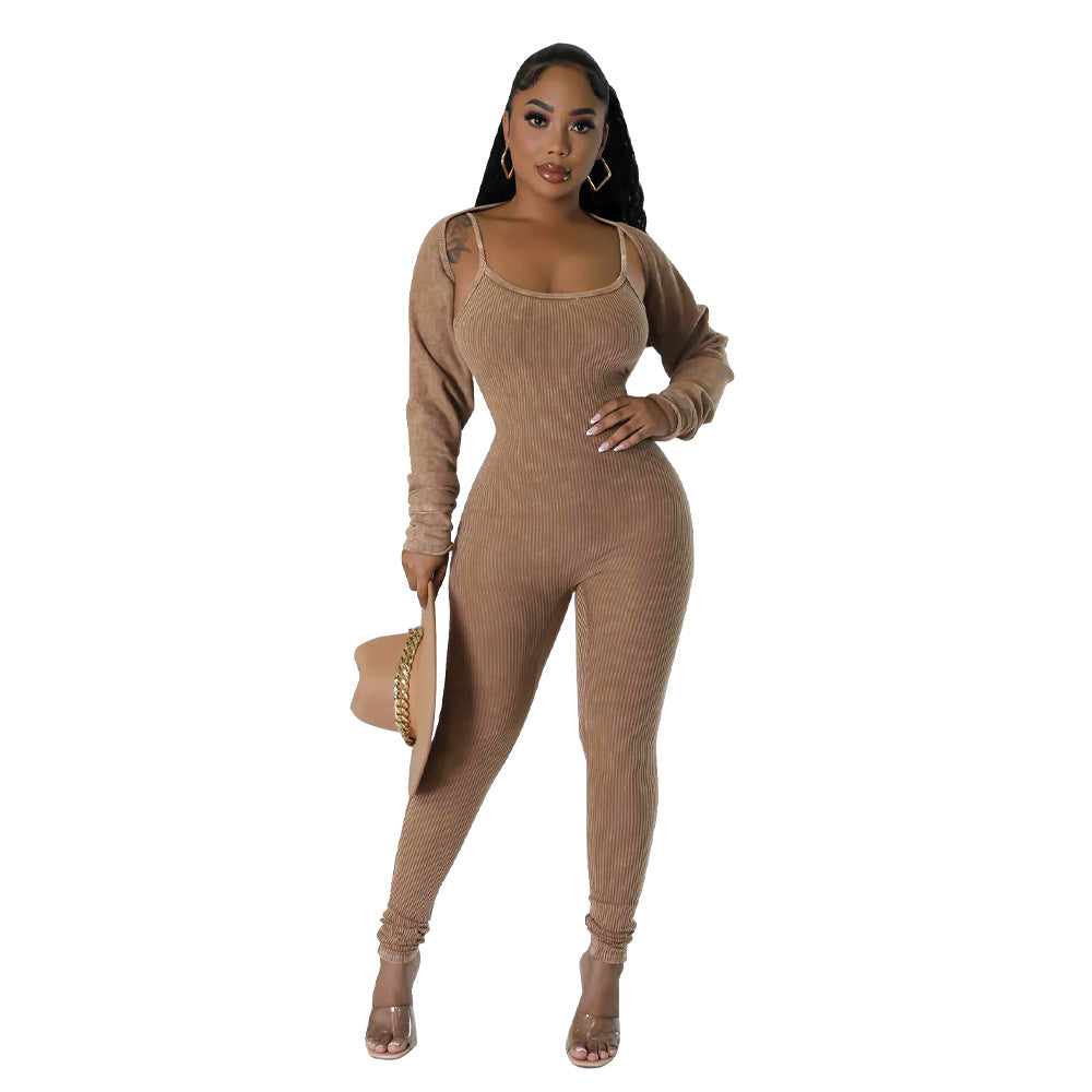 BamBam Women's Straps U Neck Sexy Tight Fitting Jumpsuit Long Sleeve Coat Two Piece Set - BamBam Clothing