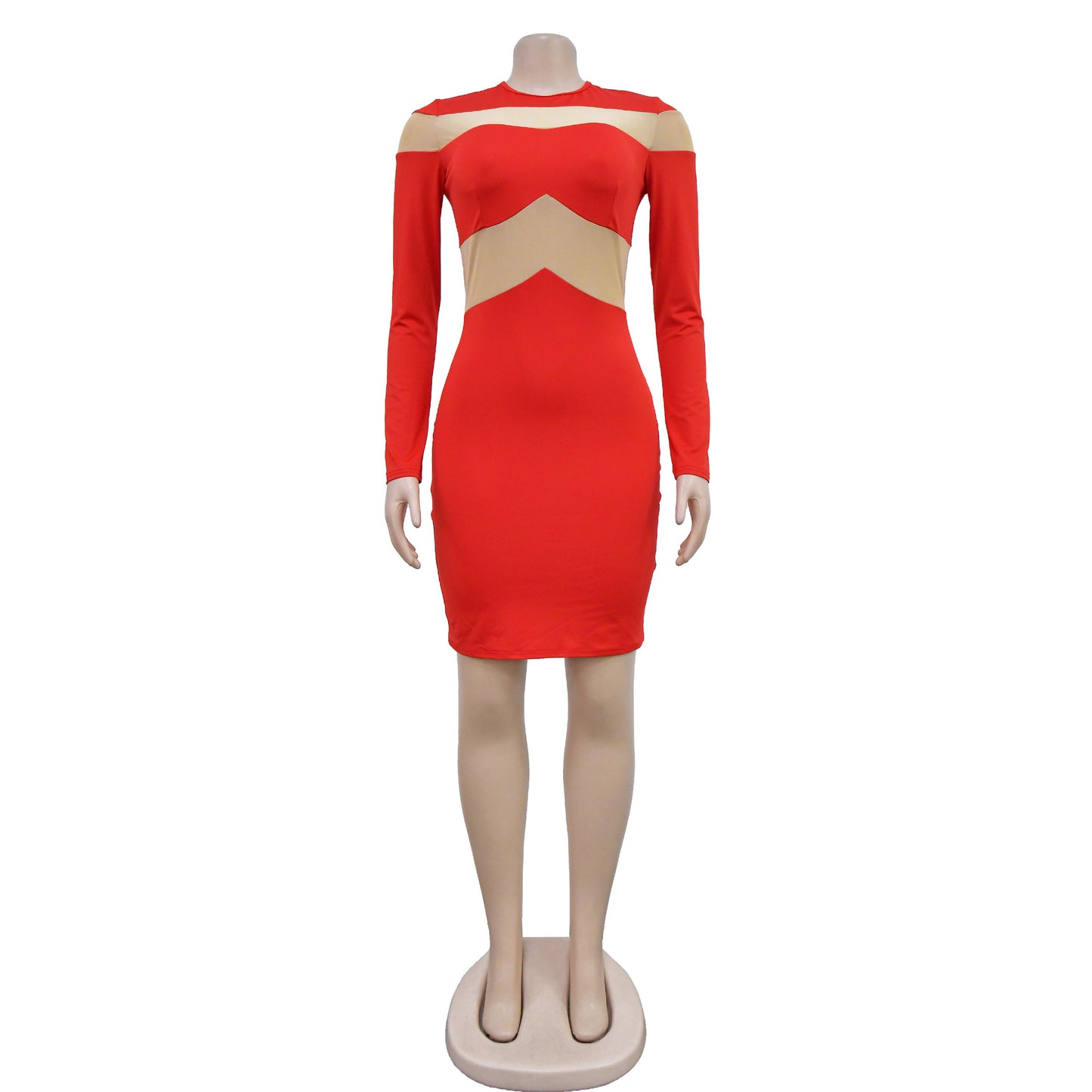 BamBam Fashion Women's Solid Color Long Sleeve Round Neck Cocktail Fancy Ladies Mesh Patchwork Bodycon Dress - BamBam Clothing