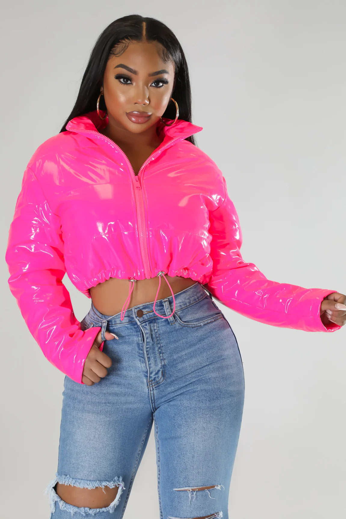 BamBam Women Long Sleeve Bright Metallic Padded Crop Jacket - BamBam