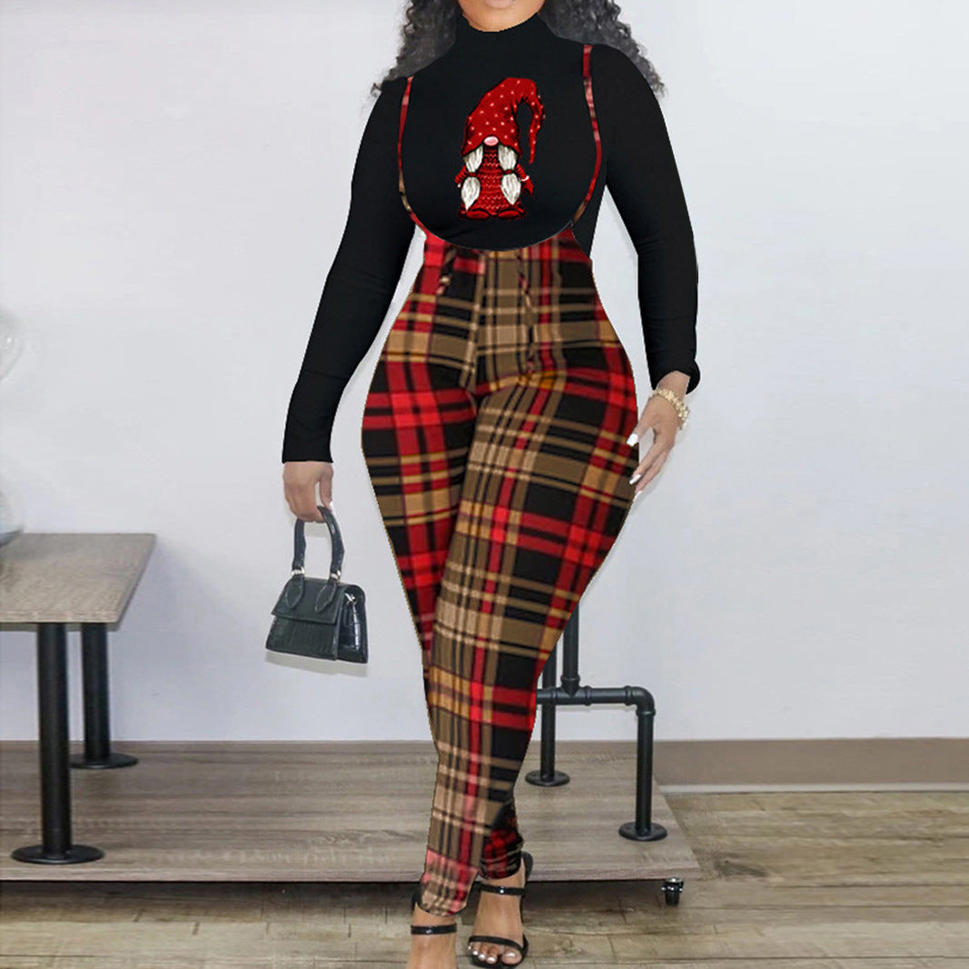 BamBam Women Casual Christmas Turtleneck Top and Plaid Overalls Two-Piece Set - BamBam