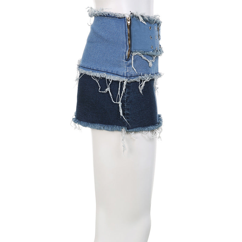 BamBam Denim Patchwork Distressed Strapless Crop Vest High Waist Miniskirt Two Piece Set - BamBam