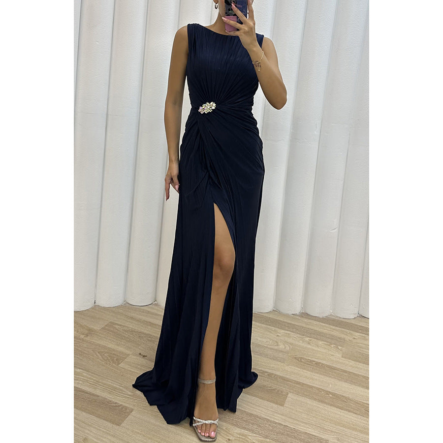 BamBam Pleated Slit Sleeveless Fashion Evening Dress For Women - BamBam