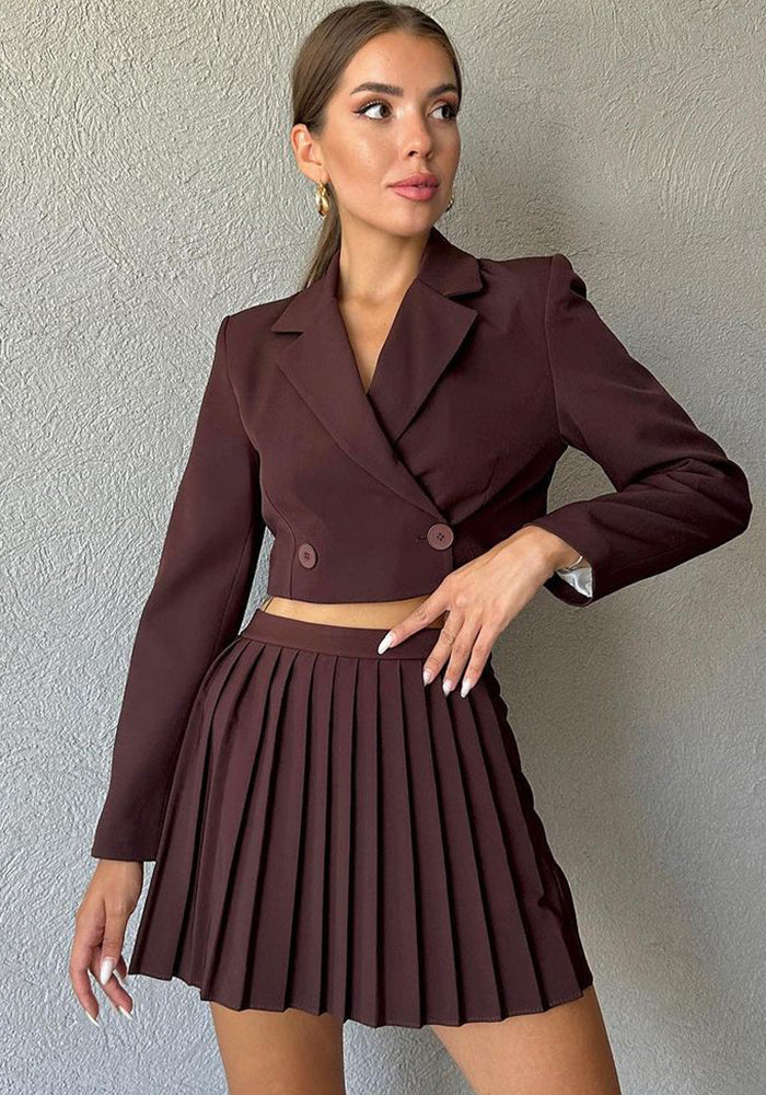 Stylish Casual Suit Slim Fit Chic Short Long Sleeve Blazer High Waist Pleated Miniskirt