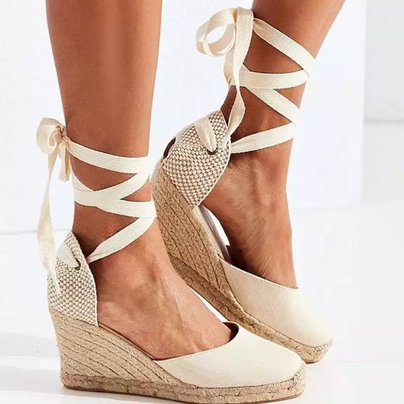 BamBam Summer wedge-heeled thick-soled Lace-Up hemp rope sandals - BamBam