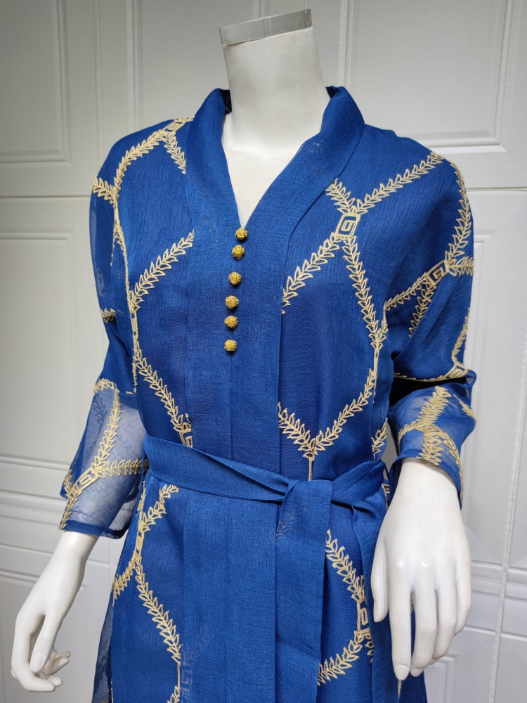 BamBam Women Summer Blue Arab Dubai Middle East Turkey Morocco Plaid Print Belted Islamic Clothing Kaftan Abaya Muslim Dress - BamBam