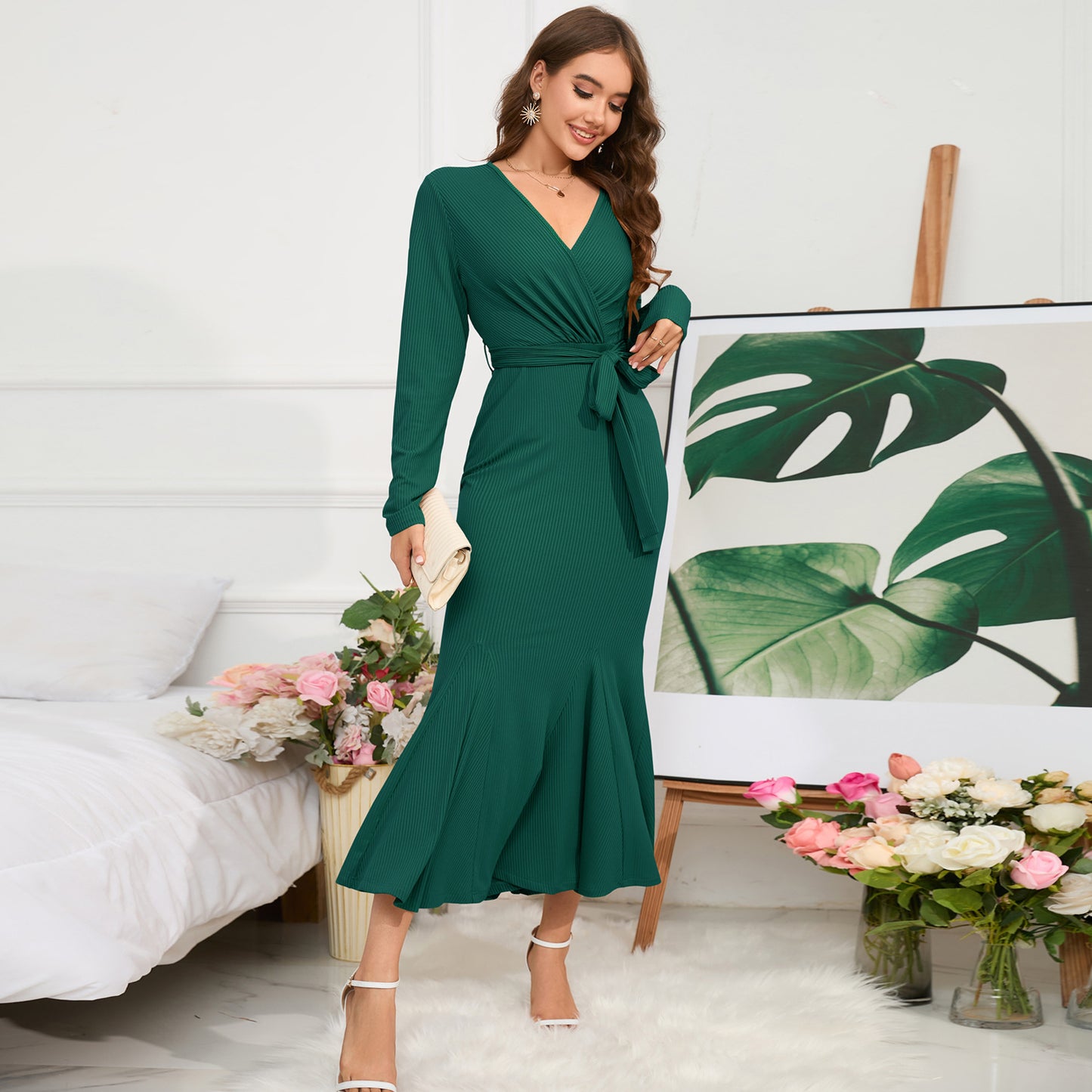 BamBam Plus Size Women V Neck Long Sleeve Fishtail Dress - BamBam
