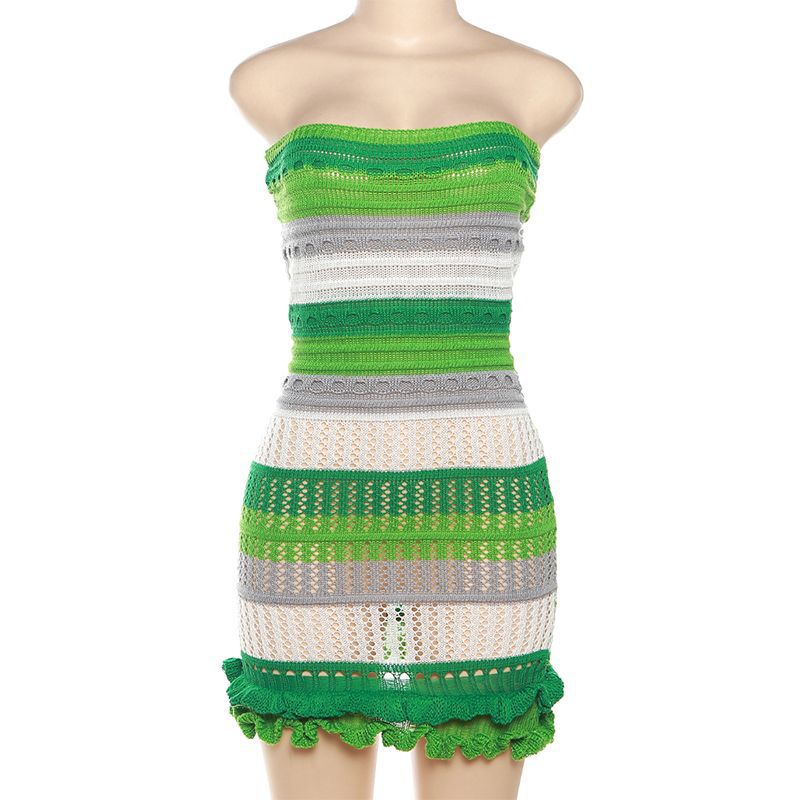 BamBam Summer Women Sexy Strapless Backless Color Block Lace Knitting Dress - BamBam