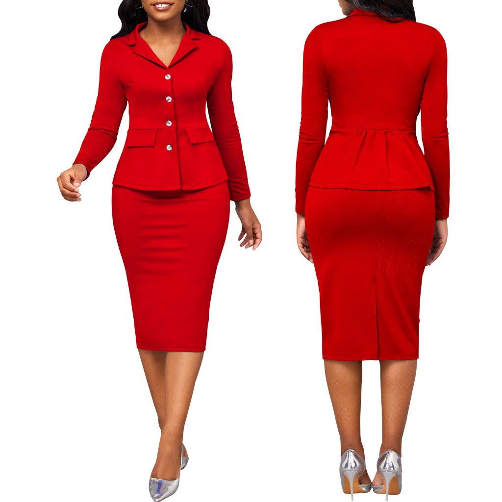 BamBam Sexy And Fashionable Solid Color Long-Sleeved Career Women's Two-Piece Skirt Set - BamBam