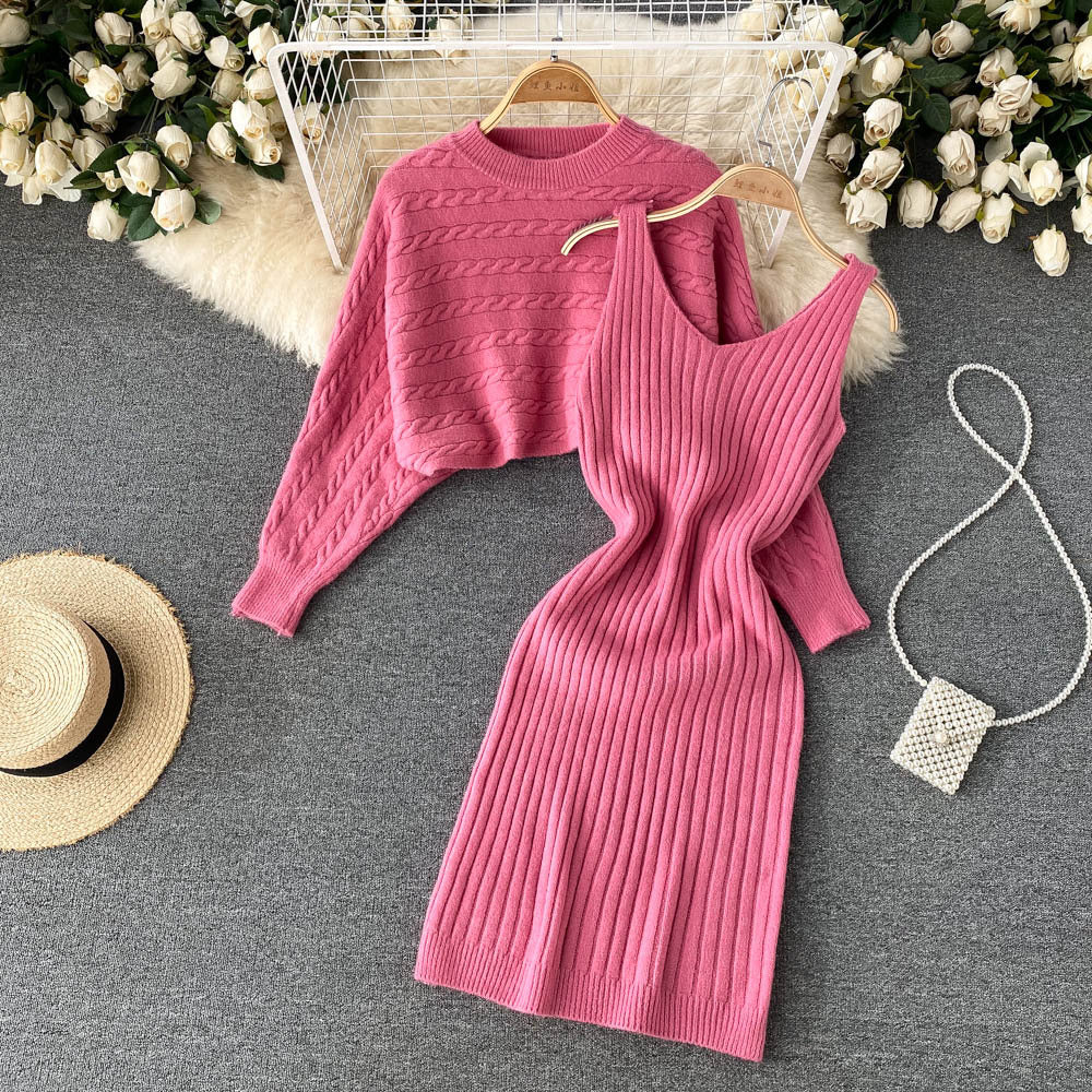 BamBam Women French sexy Bodycon Strap Dress +and loose knitting sweater two-piece set - BamBam