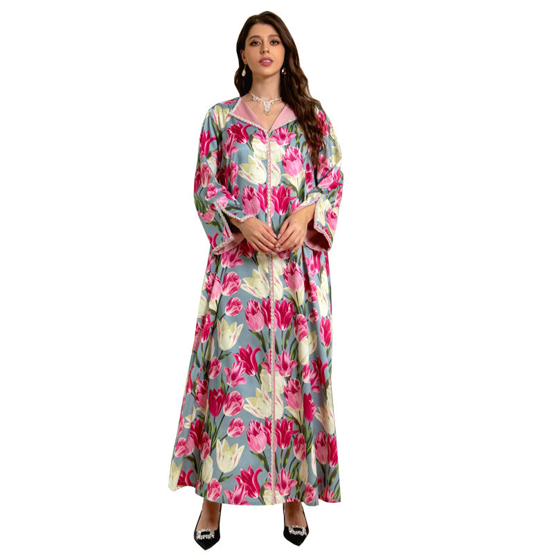 BamBam Fashion Tulip Print Dress Muslim Robe Abaya Sweet Chic Women's Clothing - BamBam