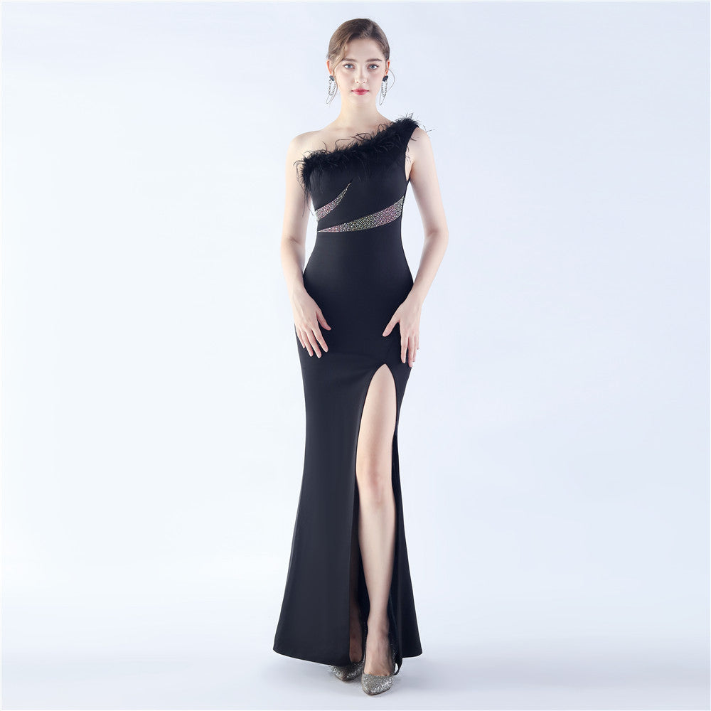 BamBam Women One Shoulder Ostrich Feather Beaded Date Premium Evening Dress - BamBam Clothing