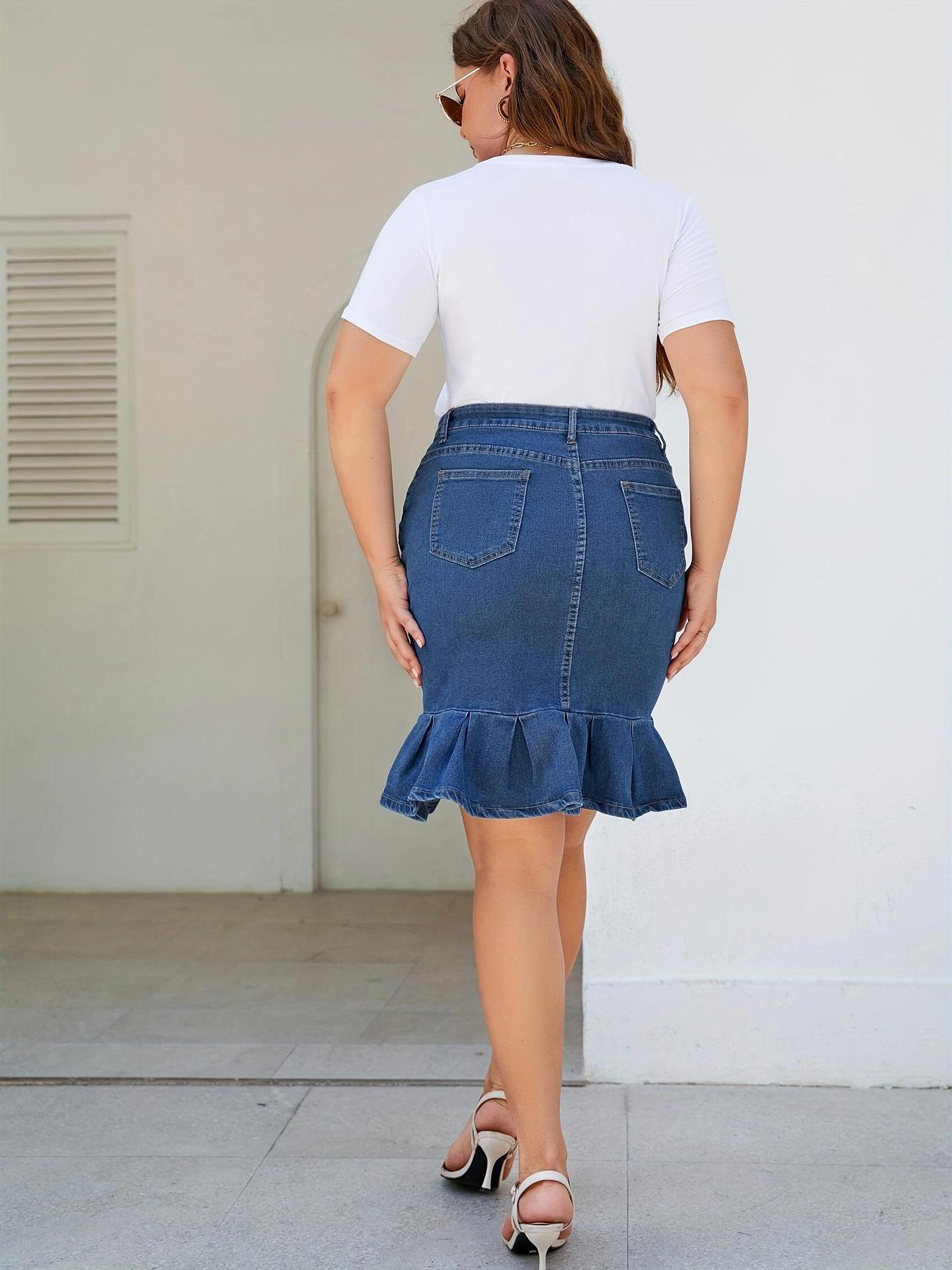 BamBam Plus Size Women Lace Solid Stretch Denim Skirt - BamBam