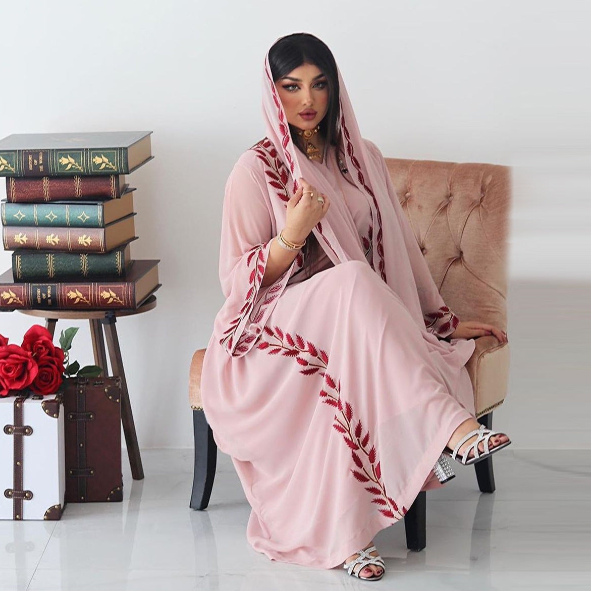 BamBam Fashion Street Summer Chiffon Long Muslim Embroidered Pink Round Neck Dress with Hijab - BamBam