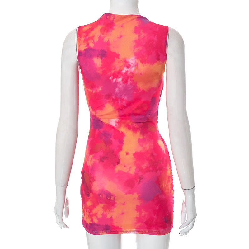 BamBam Women's Summer Round Sleeveless Tie Dye Mesh Dress - BamBam Clothing