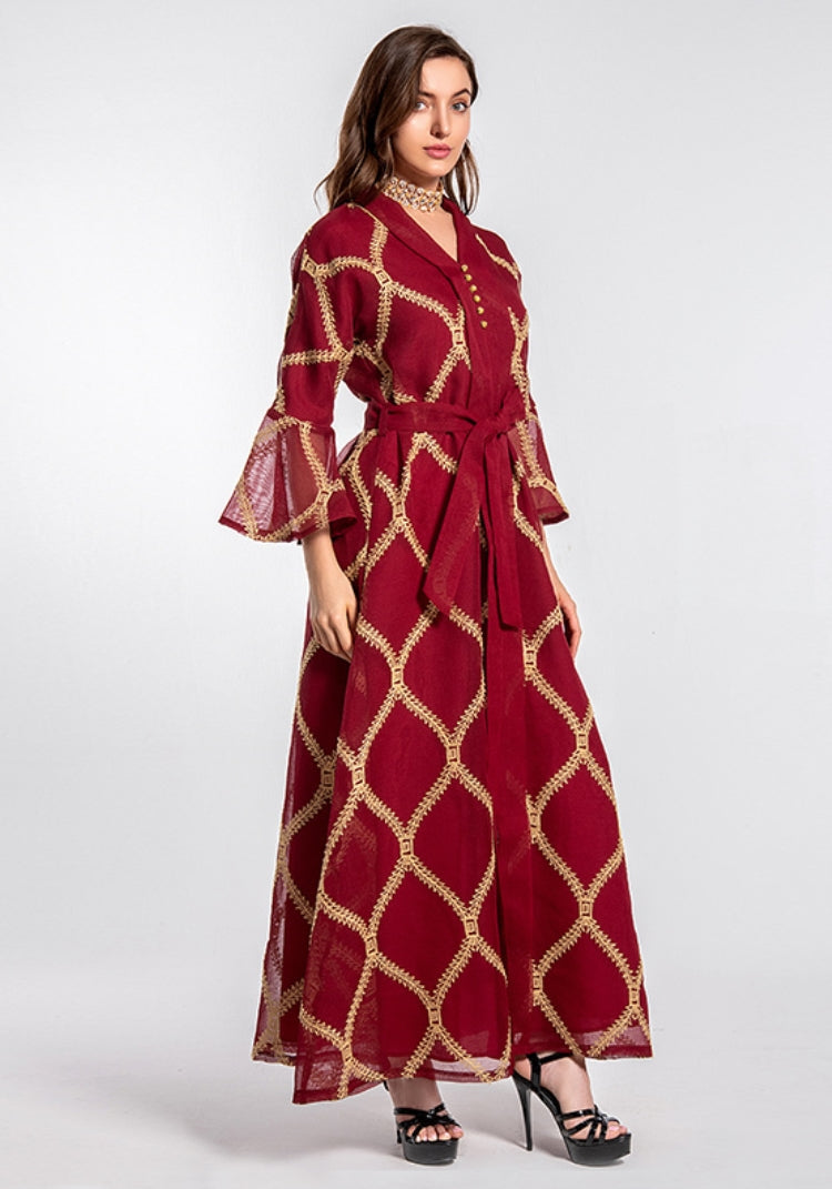 BamBam Women Summer Burgunry Arab Dubai Middle East Turkey Morocco Plaid Print Belted Islamic Clothing Kaftan Abaya Muslim Dress - BamBam