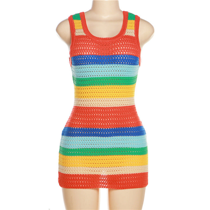 BamBam Summer Women's Sexy Hollow Knitting High Waist Contrasting Color Slim Sleeveless Bodycon Dress - BamBam