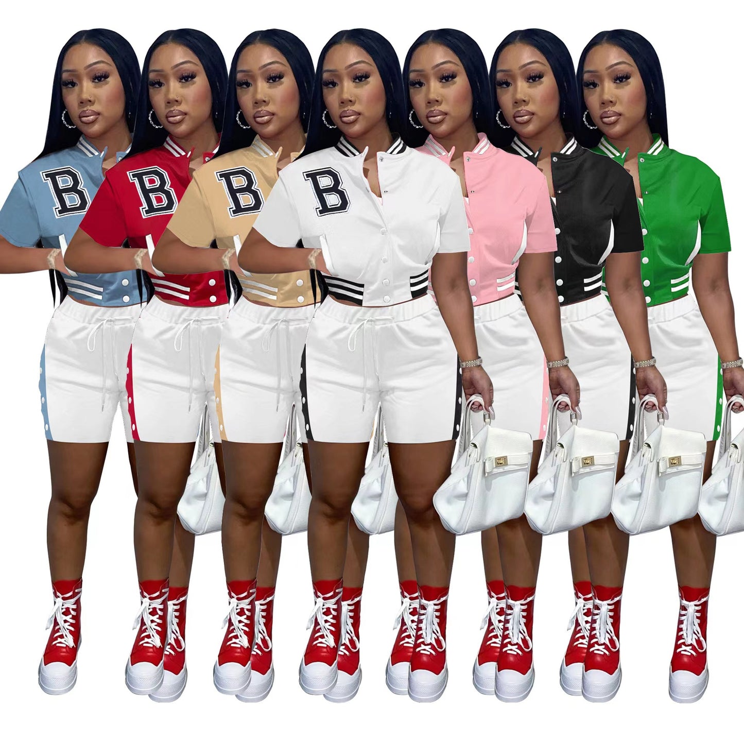 BamBam Women Summer Contrast Pocket Baseball Top and Shorts Sports Two-Piece Set - BamBam