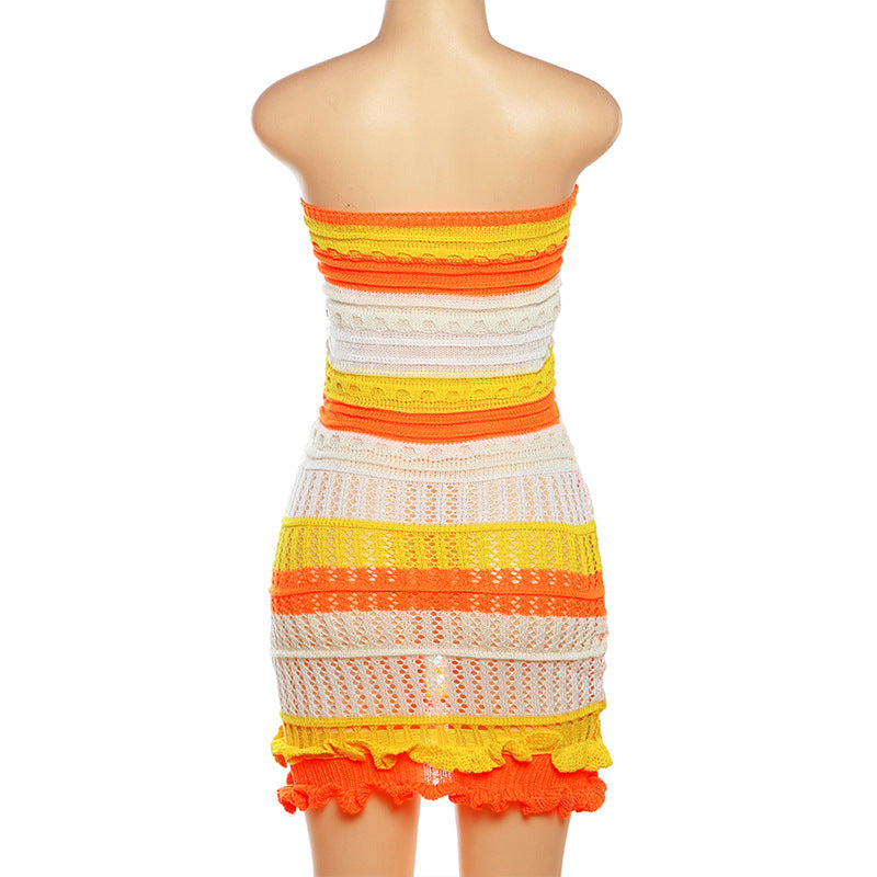 BamBam Summer Women Sexy Strapless Backless Color Block Lace Knitting Dress - BamBam