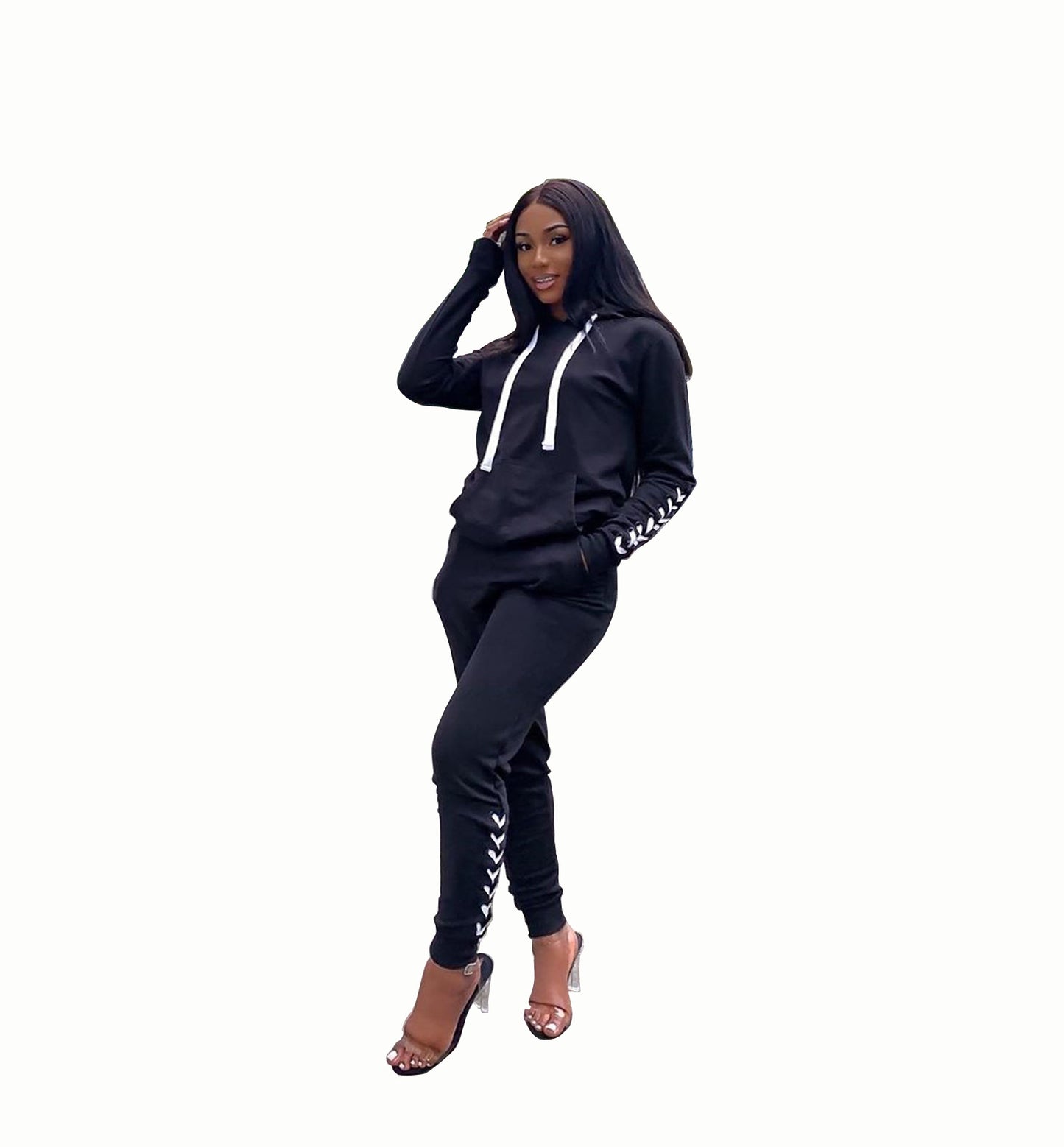 BamBam Women Lace-Up Hoodies and Pant Casual Sports Set - BamBam