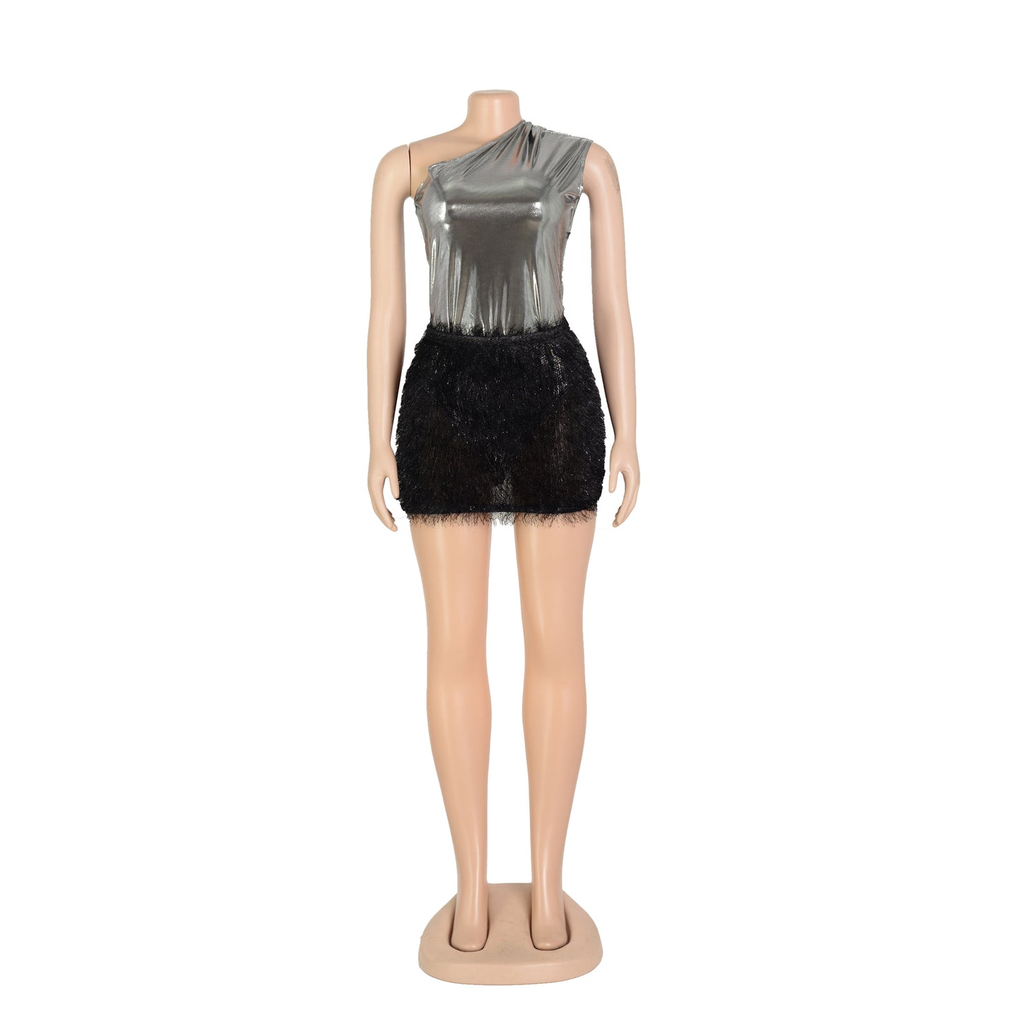 BamBam Women's Solid Color Glossy Bodysuit Sexy Short Skirt Two-Piece Set - BamBam