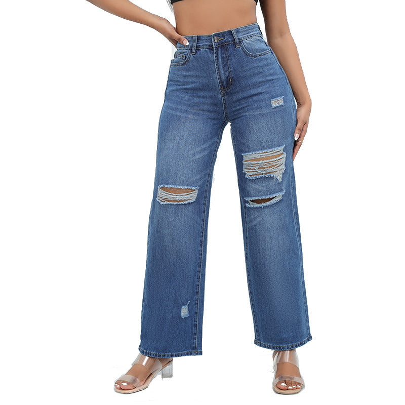 BamBam Straight-Leg Jeans Chic Washed Ripped Wide-Leg Denim Pants For Women - BamBam