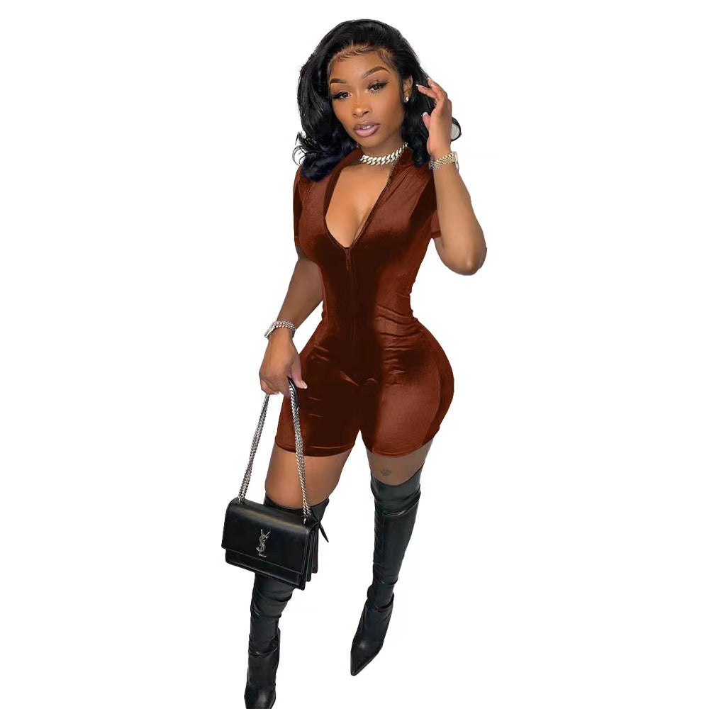 BamBam Women Sexy Velvet Short Sleeve Jumpsuit . - BamBam Clothing