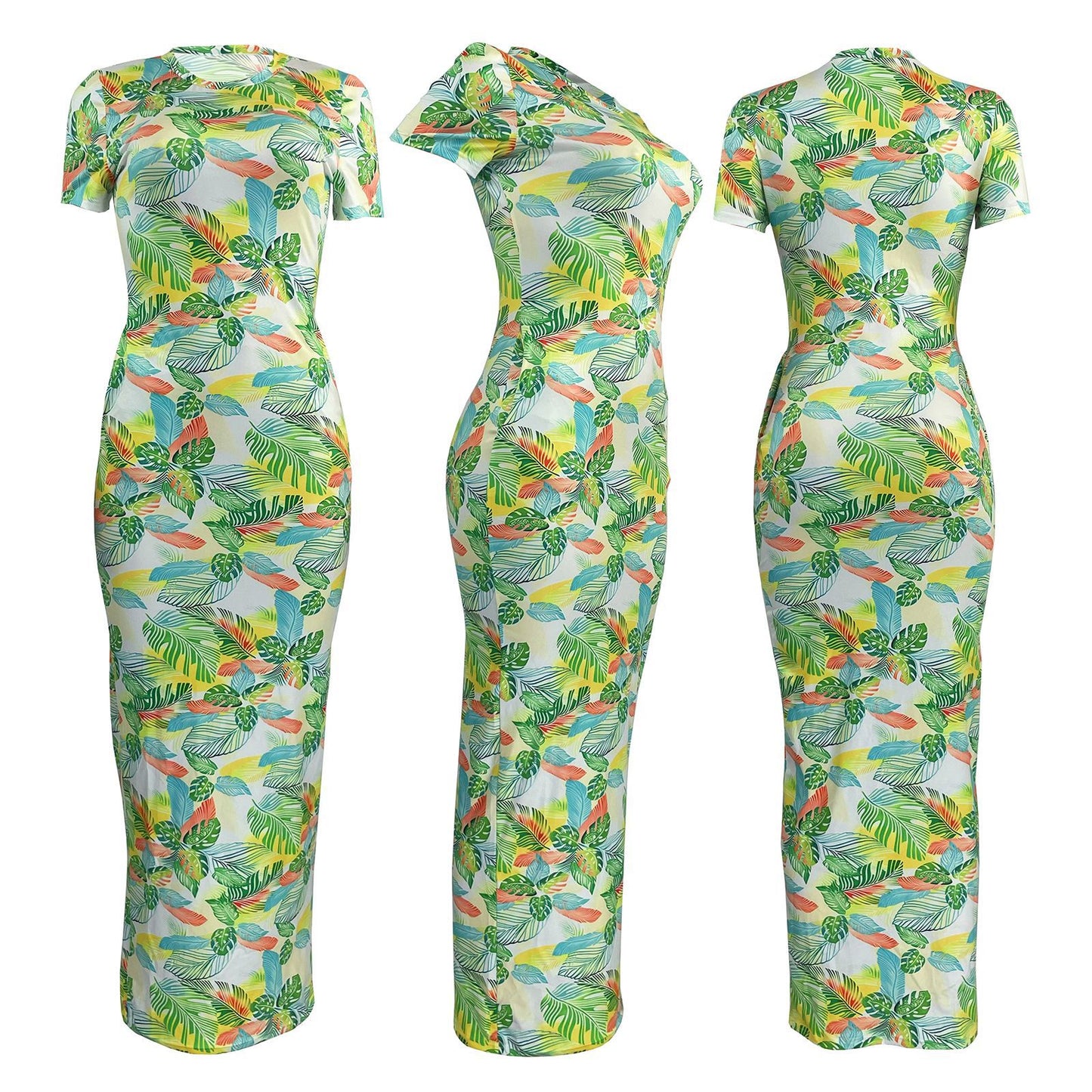 BamBam Ladie Casual Round Neck Side Pocket Short Sleeve Printed Maxi Dress for Women - BamBam