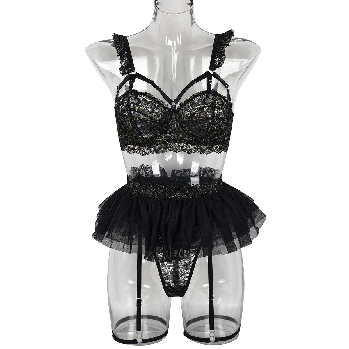 BamBam Sexy Solid Lace Bra Puff Mesh Skirt Patchwork Lingerie Set - BamBam