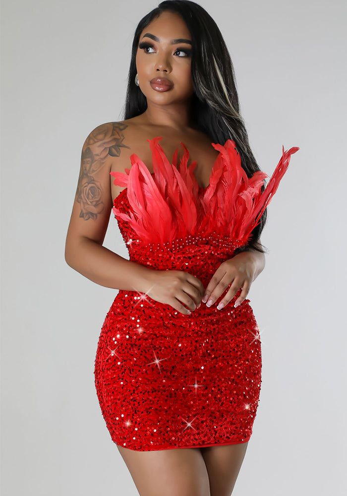 Women Feather Sequins Sexy Bodycon Dress