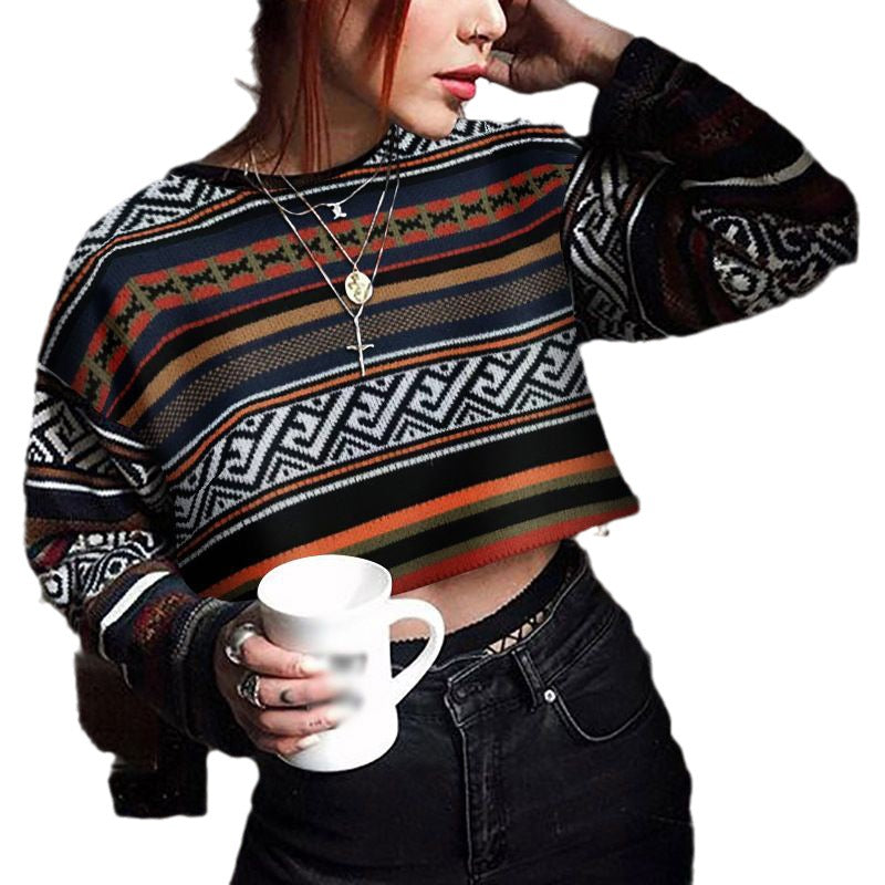 BamBam Autumn Winter Women's Fashion Sweater Color block Crop Round Neck Long Sleeve Top Women - BamBam