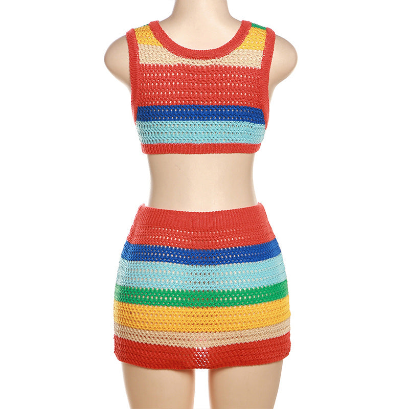 BamBam Summer Women's Sexy Hollow Knitting High Waist Contrasting Color Slim Sleeveless Bodycon Dress - BamBam