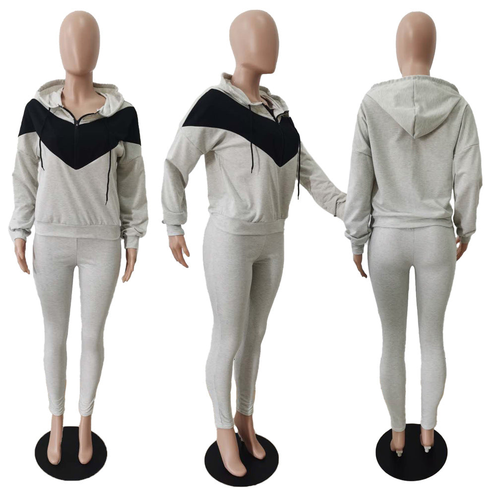 BamBam Women's Color Contrast Long-Sleeved Hooded Two Piece Jogging Suit - BamBam