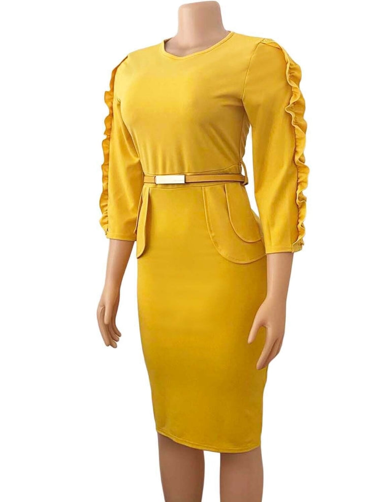 BamBam Spring African Yellow Round Neck Three Quarter Sleeve Ruffles With Belt Office Dress - BamBam