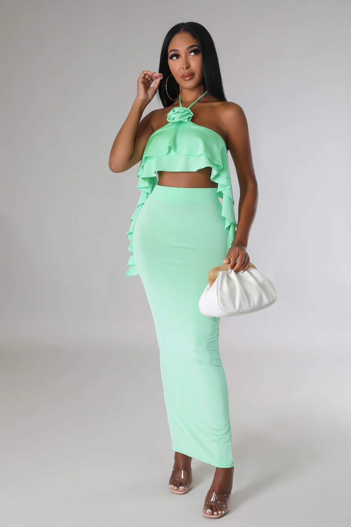 BamBam Women Halter Neck Ruffle Edge Crop Top and Split Skirt Two-Piece Set - BamBam