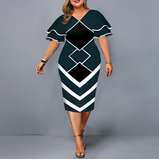 BamBam Fall Digital Print Flying Sleeve Plus Size Women's Dress - BamBam