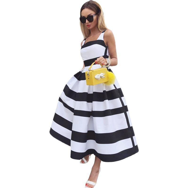 BamBam Women Suspender Striped Cocktail Fancy Ladies Summer party Dress - BamBam Clothing