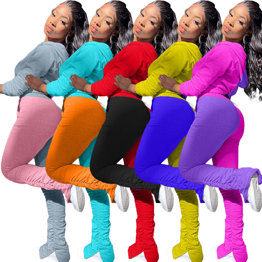 BamBam Women Color Block Hoodies and Stacked Pant Two Piece Set - BamBam
