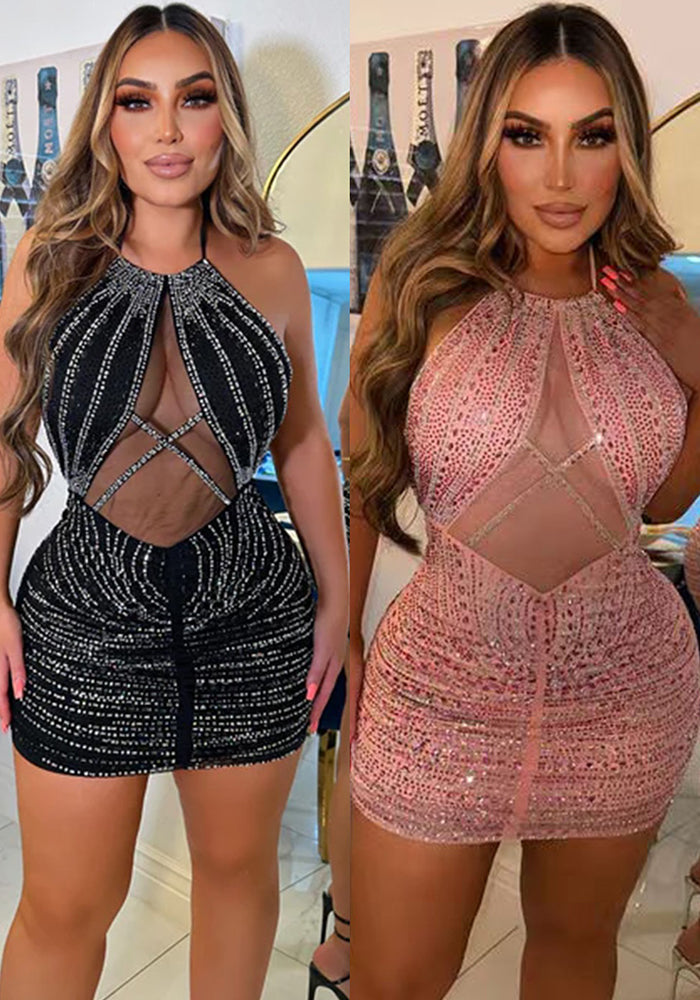 Women Sexy Mesh Patchwork Beaded Backless Dress