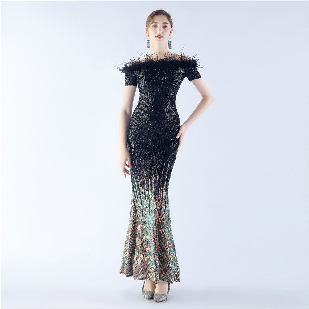 BamBam Women craft ostrich feather gradient sequins Off Shoulder evening dress - BamBam Clothing