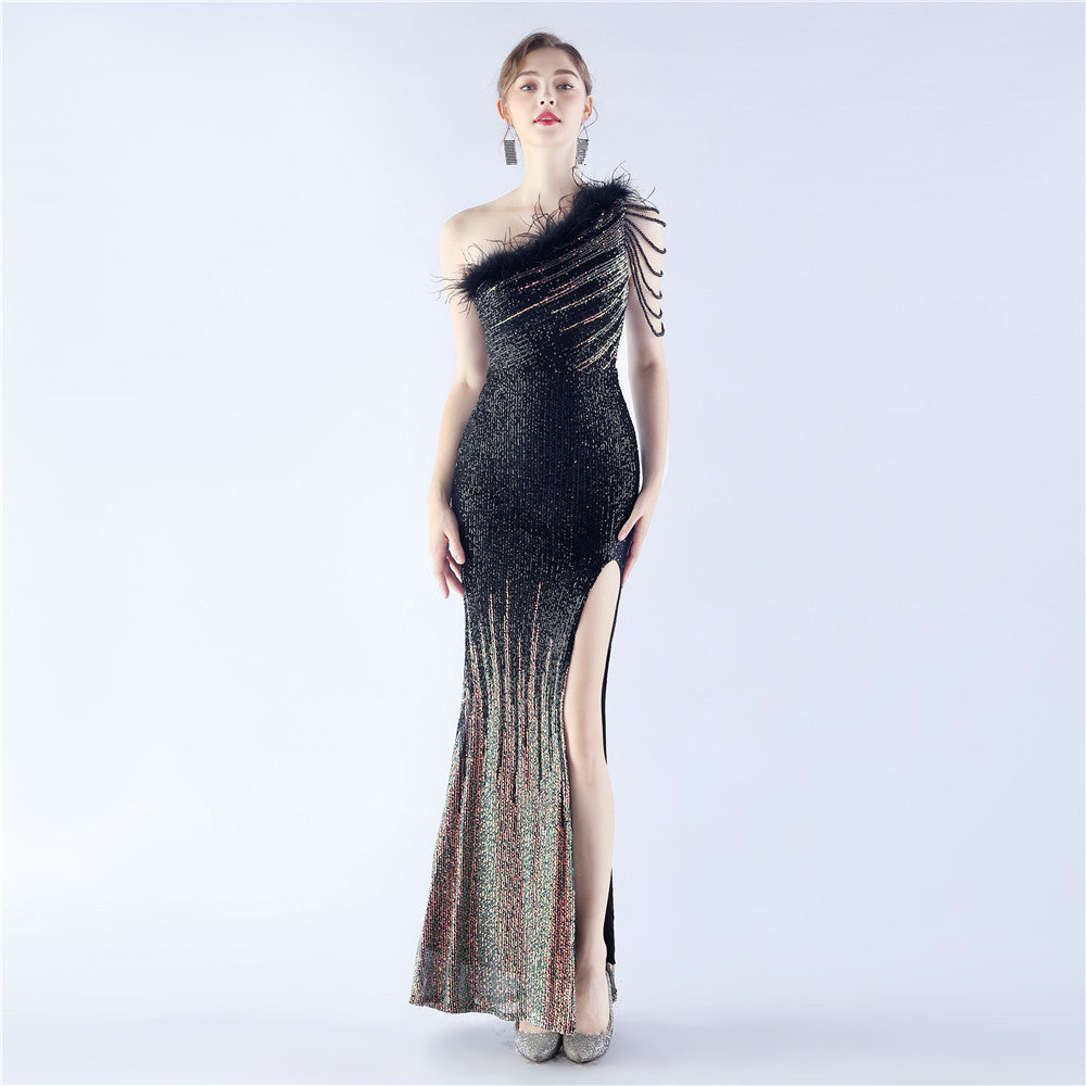 BamBam Women Gradient Sequins Beading and Ostrich Feather Slash Shoulder One-shoulder Evening Dress - BamBam Clothing