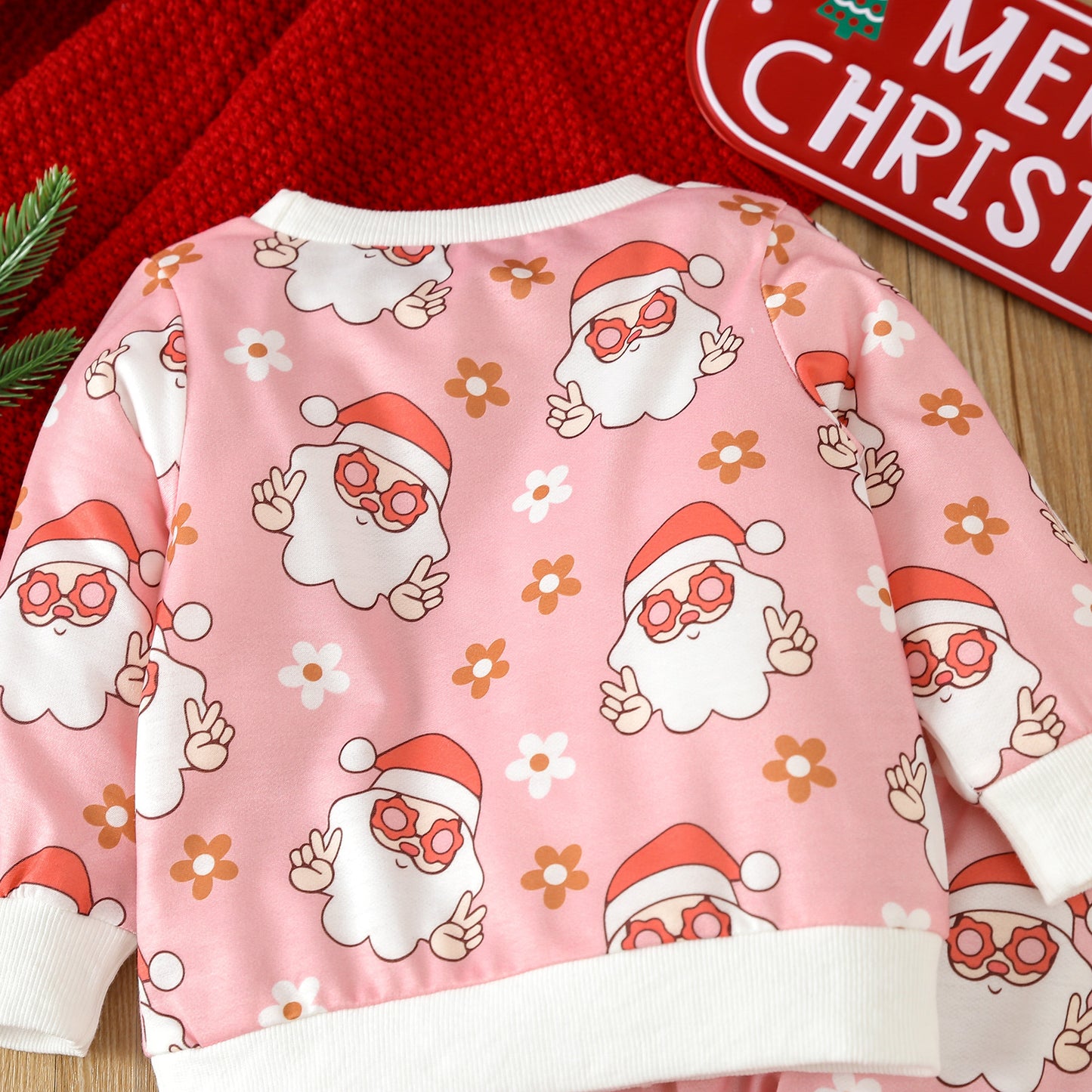 BamBam Christmas Girl cartoon Santa Claus printed long-sleeved Top and Pant two-piece set - BamBam