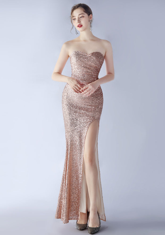 Women Sequins Strapless Evening Gown