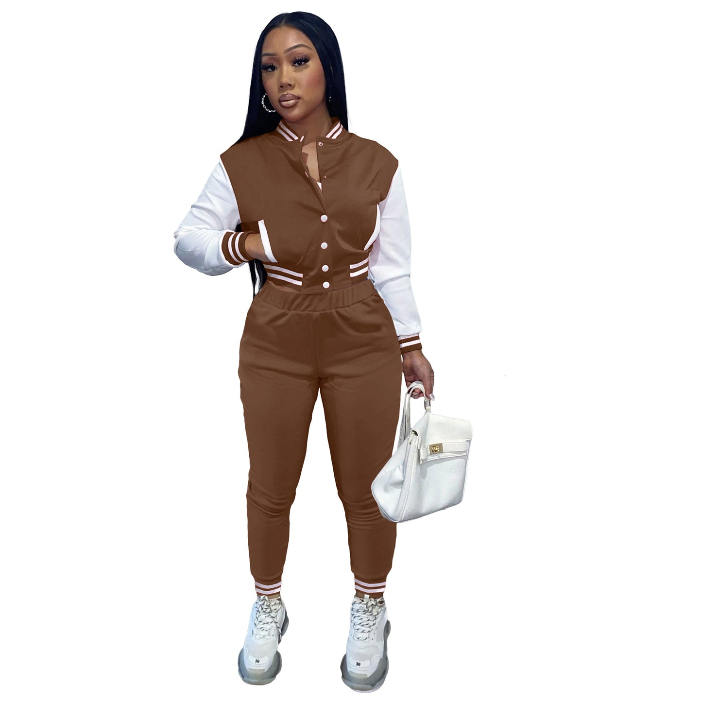 BamBam Women's Color Block Single Breasted Patchwork Long Sleeve Baseball Jersey Pants Two Piece Set For Women - BamBam