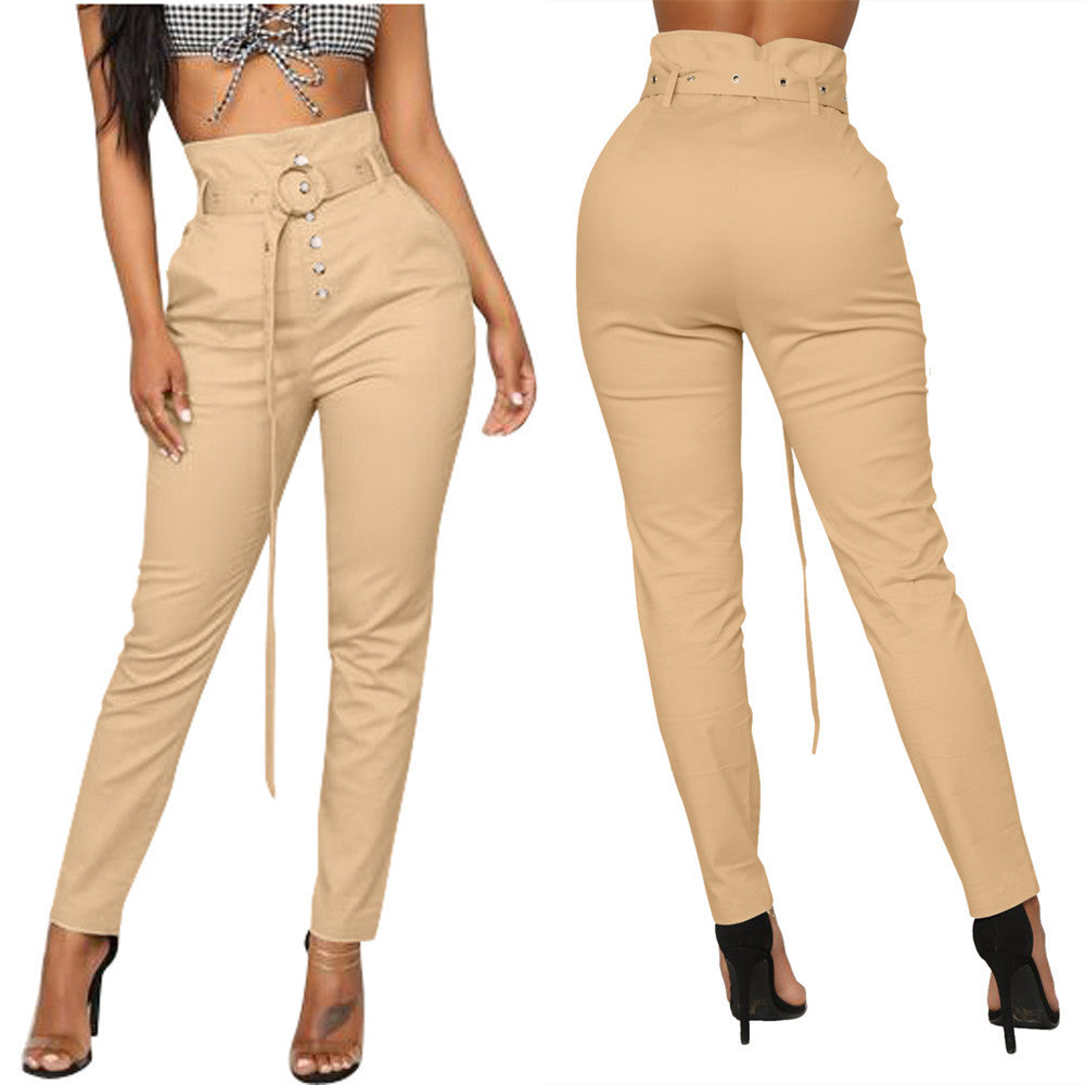 BamBam Women's Fitted Solid Color High Waist Pants With Belt - BamBam