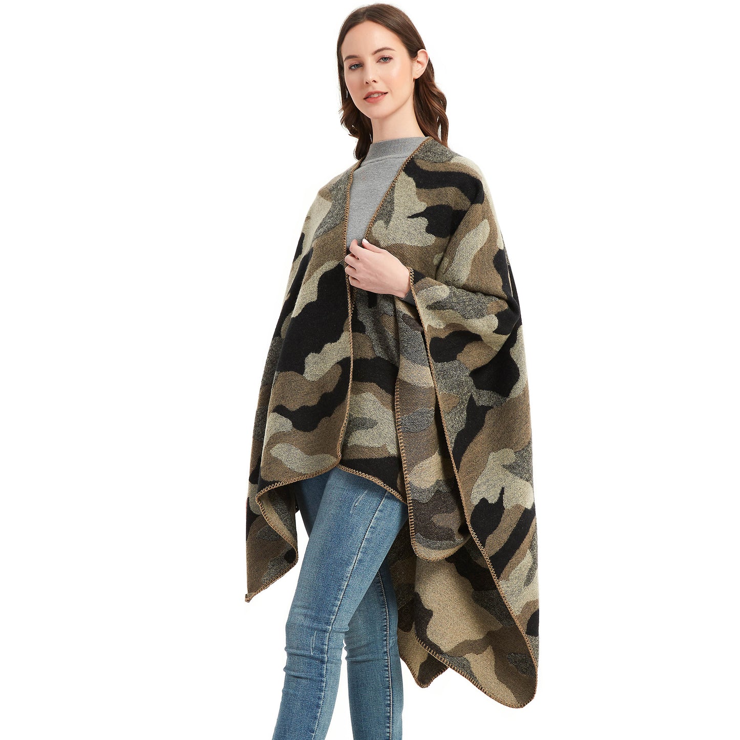 BamBam Women jacquard cape camouflage slit shawl - BamBam